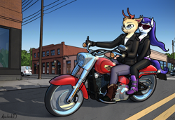 Size: 1353x924 | Tagged: safe, alternate version, artist:apocheck13, character:rarity, oc, species:anthro, species:deer, species:pony, species:unicorn, g4, antlers, belt, boots, canon x oc, car, city, clothing, commission, cowboy boots, explicit source, female, glasses, harley davidson, horn, jacket, leather jacket, male, mare, motorcycle, road, shipping, shirt, shoes, smiling, sunglasses, telephone pole