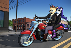 Size: 1353x924 | Tagged: safe, alternate version, artist:apocheck13, character:rarity, oc, species:anthro, species:deer, species:pony, species:unicorn, g4, antlers, belt, boots, canon x oc, car, city, clothing, commission, cowboy boots, explicit source, female, glasses, harley davidson, horn, jacket, leather jacket, male, mare, motorcycle, road, shipping, shirt, shoes, smiling, telephone pole
