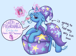 Size: 3000x2200 | Tagged: safe, artist:leopardsnaps, character:trixie, species:pony, species:unicorn, g4, benadryl, bipedal, bipedal leaning, cape, chest, clothing, drink, drinking, drinking glass, glass, hat, implied starlight glimmer, leaning, leaning on something, lidded eyes, looking at you, lounging, smug, solo, speech, text, this will end in pain, this will not end well, trixie's cape, trixie's hat, wine glass, wizard hat