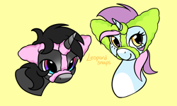 Size: 3000x1800 | Tagged: safe, artist:leopardsnaps, oc, oc only, oc:bright hope, oc:crystal nightshine, species:pony, species:unicorn, black hair, blaze (coat marking), coat markings, duo, ear warmers, gradient horn, head only, multicolored hair, redraw, simple background