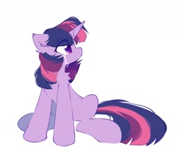 Size: 1416x1226 | Tagged: safe, artist:mirtash, character:twilight sparkle, character:twilight sparkle (unicorn), species:pony, species:unicorn, g4, crying, ear fluff, eye clipping through hair, female, horn, mare, sad, simple background, sitting, solo, teary eyes, white background