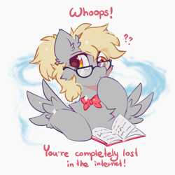 Size: 2300x2300 | Tagged: safe, artist:mirtash, character:derpy hooves, species:pegasus, species:pony, g4, book, bow tie, cheek fluff, chest fluff, clothing, cute, derpabetes, ear fluff, female, glasses, high res, looking at you, mare, question mark, redraw, solo, sparkles, spread wings, text, wings