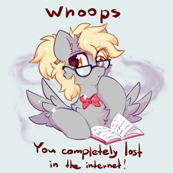 Size: 2300x2300 | Tagged: safe, artist:mirtash, character:derpy hooves, species:pegasus, species:pony, g4, 404, book, bow tie, cheek fluff, chest fluff, clothing, cute, derpabetes, dialogue, ear fluff, female, fluffy, frown, glasses, gray background, high res, i just don't know what went wrong, looking at you, mare, question mark, raised eyebrow, simple background, solo, sparkles, spread wings, text, thinking, wings