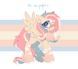 Size: 1680x1500 | Tagged: safe, artist:mirtash, character:fluttershy, species:pegasus, species:pony, g4, cute, ear fluff, hair over one eye, heart, hoof fluff, hooves, leg fluff, looking at you, pride, pride flag, raised hoof, shyabetes, smiling, smiling at you, solo, sparkly eyes, spread wings, transgender pride flag, wingding eyes, wings