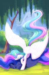 Size: 1268x1920 | Tagged: safe, artist:kebchach, character:princess celestia, character:princess luna, species:alicorn, species:pony, g4, big wings, colored eyebrows, duo, duo female, eyebrows, eyes closed, female, grass, horn, landing, lying down, mare, outdoors, prone, royal sisters, siblings, sisters, sleeping, spread wings, tree, wings