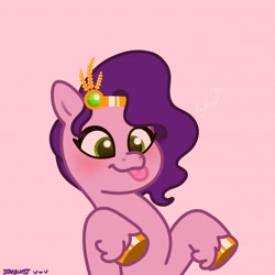 Size: 2480x2480 | Tagged: safe, artist:starburstuwu, character:pipp petals, species:pegasus, species:pony, g5, adorapipp, blep, blushing, circlet, colored hooves, cute, emanata, female, heart, high res, hooves, jewelry, mare, pink background, pipp wings, raised hooves, regalia, signature, silly, silly face, silly pony, simple background, solo, tongue out, underhoof, unshorn fetlocks