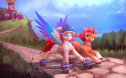 Size: 4370x2723 | Tagged: safe, alternate version, artist:itssim, character:sunny starscout, character:zipp storm, species:earth pony, species:pegasus, species:pony, g5, adorable distress, beautiful, cliff, cloud, coat markings, colored, colored hooves, colored wings, commission, commissioner:snowy comet, concave belly, crystal brighthouse, cute, day, depth of field, duo, dutch angle, eyelashes, female, fence, floppy ears, grass, gritted teeth, helmet, high res, hooves, lighting, mane stripe sunny, mare, maretime bay, motion blur, multicolored wings, nervous, open mouth, outdoors, road, roller skates, rollerblades, running, satchel, scared, scenery, scenery porn, shading, skates, sky, slender, socks (coat marking), spread wings, story included, sweat, teaching, teeth, thin, tree, twilight sparkle's cutie mark, unshorn fetlocks, wall of tags, water, wings