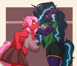 Size: 2456x2120 | Tagged: safe, artist:witchtaunter, oc, species:anthro, species:pegasus, species:unicorn, g4, anthro oc, big breasts, breasts, clothing, commission, crossed arms, female, floppy ears, glare, hand, hand on hip, hips, looking at each other, looking at someone, mare, pegasus oc, profile, unicorn oc