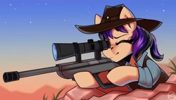 Size: 2000x1135 | Tagged: safe, artist:shadowreindeer, oc, oc:fila brightspark, species:earth pony, species:pony, aiming, clothing, desert, earth pony oc, focused, gun, hat, jacket, one eye closed, ponytail, rifle, rock formation, scope, scrubland, sniper, solo, vest, weapon