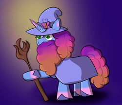 Size: 1390x1200 | Tagged: safe, artist:toonyloo, character:misty brightdawn, species:pony, species:unicorn, g5, my little pony: tell your tale, beard, butterfly, clothing, coat markings, colored hooves, cute, facial hair, female, gandalf, gradient background, hat, hoof hold, hooves, mare, mistybetes, rebirth misty, simple background, smiling, socks (coat marking), solo, staff, unshorn fetlocks, wizard hat