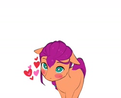 Size: 1451x1178 | Tagged: safe, artist:pascal571, part of a set, character:sunny starscout, species:earth pony, species:pony, g5, my little pony: a new generation, blushing, cute, female, floppy ears, heart, heart eyes, looking at you, looking up, looking up at you, mare, simple background, solo, sunnybetes, white background, wingding eyes