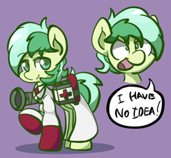 Size: 1520x1396 | Tagged: safe, artist:derp pone, derpibooru original, character:sandbar, species:earth pony, species:pony, g4, clothing, costume, crossover, cute, dialogue, eyebrows, eyebrows visible through hair, floating head, looking at you, male, medic, open mouth, purple background, raised hoof, simple background, solo, speech bubble, stallion, team fortress 2, text, video game