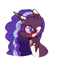 Size: 1080x1350 | Tagged: safe, artist:jully-park, part of a set, character:violette rainbow, species:pony, species:unicorn, g5, blushing, bust, cute, dreadlocks, female, filly, foal, horn, jewelry, mottled coat, necklace, portrait, profile, simple background, smiling, solo, violettebetes, vitiligo, white background, young