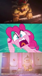 Size: 669x1196 | Tagged: safe, artist:questphillips, edit, edited screencap, screencap, character:pinkie pie, species:earth pony, species:pony, episode:pinkie pride, g4, my little pony: friendship is magic, angry, bowser, cage, crossover, defeat, defeated, quiet, rage, shut up, the super mario bros. movie, yelling