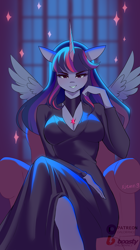 Size: 2244x4000 | Tagged: safe, artist:xjenn9, derpibooru original, character:twilight sparkle, character:twilight sparkle (alicorn), species:alicorn, species:anthro, g4, breasts, cleavage, clothing, crossed legs, dress, female, grin, horn, looking at you, mare, smiling, smirk, solo, sparkles, spread wings, wings, ych example, your character here