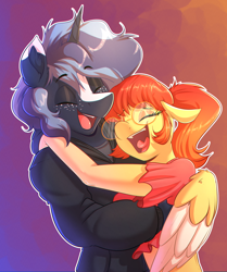Size: 2584x3096 | Tagged: safe, artist:witchtaunter, species:anthro, clothing, commission, couple, freckles, glasses, holiday, hoodie, hug, laughing, open mouth, shipping, valentine's day