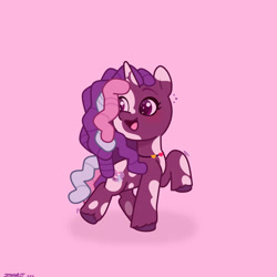 Size: 2480x2480 | Tagged: safe, artist:starburstuwu, character:violette rainbow, species:pony, species:unicorn, g5, coat markings, colored hooves, cute, dreadlocks, female, filly, foal, high res, hooves, jewelry, looking back, looking up, mottled coat, necklace, open mouth, open smile, pink background, pinto, raised hoof, signature, simple background, smiling, solo, sparkles, sparkly eyes, turned head, unshorn fetlocks, violettebetes, vitiligo, wingding eyes, young