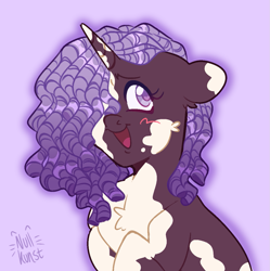 Size: 1215x1221 | Tagged: safe, artist:nullkunst, artist:nullkunstt, character:violette rainbow, species:pony, species:unicorn, g5, blushing, bust, chest fluff, colored pupils, cute, dreadlocks, female, filly, floppy ears, foal, hair over one eye, heart eyes, mottled coat, open mouth, open smile, purple background, signature, simple background, smiling, solo, violettebetes, vitiligo, wingding eyes, young