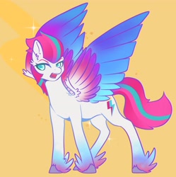 Size: 4078x4096 | Tagged: safe, artist:jezebel_remedy, character:zipp storm, species:pegasus, species:pony, g5, my little pony: make your mark, my little pony: tell your tale, alternate design, coat markings, colored eyebrows, colored hooves, colored pupils, colored wings, eyebrows, gradient wings, hooves, multicolored wings, open mouth, simple background, socks (coat marking), spread wings, three quarter view, unshorn fetlocks, wings, yellow background