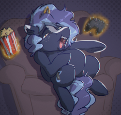 Size: 2244x2144 | Tagged: safe, artist:witchtaunter, oc, oc:witching hour, species:pony, species:unicorn, chair, controller, faec, fat, food, laughing, magic, male, popcorn, sitting, sofa, stallion
