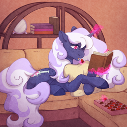 Size: 2000x2000 | Tagged: safe, artist:dereketto, manebooru original, oc, oc only, oc:gloaming sheen, species:pony, species:unicorn, book, bookshelf, chocolate, couch, eating, female, food, magic, pillow, reading, solo, solo female