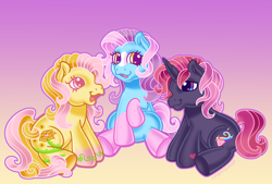 Size: 3700x2500 | Tagged: safe, alternate version, artist:leopardsnaps, oc, oc only, oc:bright hope, oc:crystal nightshine, oc:golden rose, species:earth pony, species:pony, species:unicorn, g3, alternate cutie mark, blaze (coat marking), coat markings, colored hooves, cutie mark, gradient background, gradient hooves, large cutie mark, looking at each other, looking at someone, male, multicolored eyes, open mouth, open smile, raised hoof, sitting, smiling, socks (coat marking), solo, stallion, style emulation, trio, unicorn oc