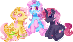 Size: 3557x2040 | Tagged: safe, alternate version, artist:leopardsnaps, oc, oc only, oc:bright hope, oc:crystal nightshine, oc:golden rose, species:earth pony, species:pony, species:unicorn, g3, alternate cutie mark, blaze (coat marking), coat markings, colored hooves, cutie mark, gradient hooves, large cutie mark, looking at each other, looking at someone, male, multicolored eyes, open mouth, open smile, raised hoof, sitting, smiling, socks (coat marking), solo, stallion, style emulation, transparent background, trio, unicorn oc
