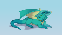 Size: 2560x1440 | Tagged: safe, artist:rowankitten, character:sparky sparkeroni, species:dragon, g5, blue background, eyes closed, gradient background, horns, lying down, male, older, older sparky sparkeroni, profile, prone, simple background, smiling, solo, tail, wings