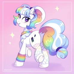 Size: 2377x2392 | Tagged: safe, artist:skysorbett, derpibooru original, oc, oc only, oc:top coat, species:earth pony, species:pony, g4, accessory, butt, cute, earth pony oc, female, gradient background, looking at you, looking back, looking back at you, mare, multicolored hair, not cloudy canvas, ocbetes, plot, rainbow hair, raised hoof, raised leg, simple background, smiling, smiling at you, solo, underhoof