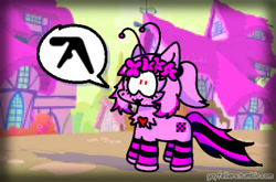 Size: 540x357 | Tagged: safe, artist:gayfellas, species:pony, antennae, aphex twin, clothing, eyelashes, female, female only, flower crown, fluffy, heart, heart on chest, inverted colors, mare, missing texture, ponytail, ponyville, red eyes, socks, speech bubble, watermark