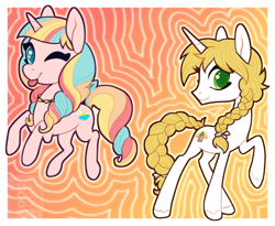 Size: 2927x2397 | Tagged: safe, artist:ssmoobles, oc, oc:noblesse oblige, oc:spring break, species:pony, species:unicorn, blonde hair, braid, braided tail, colorful background, cutie mark, duo, duo female, eyelashes, female, gift art, green eyes, hair tie, horns, jumping, looking at you, mare, multicolored hair, one eye closed, raised hoof, tail, teal eyes, tongue out, wink, winking at you