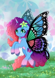 Size: 1448x2048 | Tagged: safe, artist:nuumia, character:misty brightdawn, species:pony, species:unicorn, g5, butterfly wings, coat markings, colored hooves, cute, female, floppy ears, flower, flower in hair, freckles, gossamer wings, grass, grass field, hooves, looking at you, mare, mistybetes, rebirth misty, smiling, smiling at you, socks (coat marking), solo, three quarter view, unshorn fetlocks