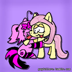 Size: 1280x1280 | Tagged: safe, artist:gayfellas, character:fluttershy, species:pony, g4, antennae, clothing, eyelashes, fangs, female, flower crown, freckles, hug, mare, missing texture, open mouth, ponytail, sharp teeth, simple background, socks, watermark