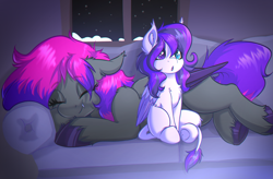 Size: 3489x2294 | Tagged: safe, artist:witchtaunter, species:pony, commission, couch, cute, fangs, female, filly, sharp teeth, sitting, sleeping, snow, young