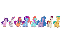 Size: 3072x1754 | Tagged: safe, artist:caseyben887, character:hitch trailblazer, character:izzy moonbow, character:jazz hooves, character:misty brightdawn, character:pipp petals, character:rocky riff, character:sunny starscout, character:zipp storm, species:earth pony, species:pegasus, species:pony, species:unicorn, g5, my little pony: tell your tale, blaze (coat marking), coat markings, colored hooves, female, gradient hair, height difference, hitch is tall, hooves, izzy is tol, male, mane five, mane six (g5), mane stripe sunny, mare, multicolored hair, pipp is small, pipp wings, rebirth misty, royal sisters (g5), siblings, simple background, sisters, size chart, size comparison, smiling, socks (coat marking), sorting, stallion, three quarter view, transparent background, unshorn fetlocks, zipp is short