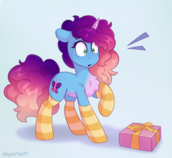 Size: 1978x1813 | Tagged: safe, artist:skysorbett, character:misty brightdawn, species:pony, species:unicorn, g5, my little pony: make your mark, alternate hairstyle, chest fluff, clothing, coat markings, cute, ears back, female, freckles, mare, mistybetes, present, raised hoof, rebirth misty, signature, simple background, socks, solo, striped socks, surprised, three quarter view, unshorn fetlocks, wide eyes