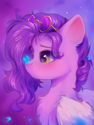 Size: 1890x2528 | Tagged: safe, artist:anku, character:pipp petals, species:pegasus, species:pony, g5, adorapipp, bust, butterfly, butterfly on nose, chest fluff, colored wings, cute, ear fluff, female, glasses, high res, insect, insect on nose, looking at something, mare, pipp wings, profile, round glasses, simple background, smiling, solo, wings