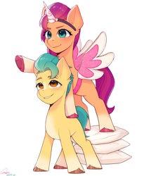 Size: 1780x2174 | Tagged: safe, artist:xiaowu07, derpibooru original, character:hitch trailblazer, character:sunny starscout, species:earth pony, species:pony, g5, alicorn costume, blaze (coat marking), coat markings, colored eyebrows, colored hooves, cute, duo, duo male and female, eyebrows, fake horn, fake wings, female, hitchbetes, hoof heart, hooves, male, mare, pointing, signature, simple background, smiling, socks (coat marking), stallion, sunnybetes, three quarter view, underhoof, unshorn fetlocks, white background