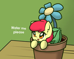 Size: 750x600 | Tagged: safe, artist:arielsbx, character:apple bloom, g4, adorabloom, apple family member, bulb, bulbasaur, crossover, cute, dialogue, female, flower, flower pot, nintendo, pokémon, solo, species swap, text, tiny, video game