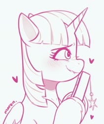 Size: 1728x2048 | Tagged: safe, artist:maren, character:twilight sparkle, character:twilight sparkle (alicorn), species:alicorn, species:pony, g4, blushing, cute, doodle, female, heart, hoof hold, lip bite, mare, monochrome, profile, signature, simple background, sketch, solo, twiabetes, unshorn fetlocks, white background