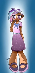 Size: 1707x3458 | Tagged: safe, artist:ru, character:violette rainbow, species:human, g5, clothing, dark skin, female, humanized, looking at you, mottled coat, open mouth, open smile, shoes, signature, smiling, solo, species swap, vitiligo