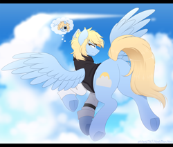 Size: 2000x1700 | Tagged: safe, artist:higgly-chan, oc, oc only, oc:blue skies, species:pegasus, species:pony, g4, butt, button-up shirt, chibi, clothing, cloud, dress shirt, eyepatch, flying, looking at you, looking back, looking back at you, male, nice, plot, profile, raised hoof, rear view, resting bitch face, scary face, shirt, sky, solo, spread wings, stallion, thought bubble, vest, wings