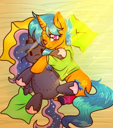 Size: 700x787 | Tagged: safe, artist:nikolover12, oc, oc only, oc:solar wave, species:pony, species:unicorn, clothing, hoodie, laying on bed, leg warmers, pillow, plushie, pride, pride flag, toy