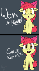 Size: 1152x2073 | Tagged: safe, artist:pinkberry, character:apple bloom, species:earth pony, species:pony, g4, adorabloom, apple family member, cute, dialogue, excited, female, filly, floppy ears, foal, front view, full face view, implied human, looking at you, open mouth, open smile, simple background, sitting, smiling, smiling at you, starry eyes, talking, text, wingding eyes, young