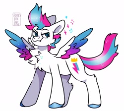 Size: 2048x1834 | Tagged: safe, artist:spookyfoxinc, character:zipp storm, species:pegasus, species:pony, g5, my little pony: a new generation, my little pony: tell your tale, adorazipp, cheek fluff, chest fluff, colored hooves, cute, cute little fangs, fangs, female, hooves, mare, sharp teeth, simple background, smug, smugzipp, solo, sparkles, spread wings, unshorn fetlocks, white background, wings