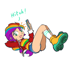 Size: 1200x1000 | Tagged: safe, artist:rvceric, character:sunny starscout, species:eqg human, species:human, g4, g5, cellphone, dialogue, equestria girls-ified, female, g5 to equestria girls, g5 to g4, generation leap, implied hitch trailblazer, looking at you, mane stripe sunny, phone, simple background, smartphone, solo, species swap, text, white background