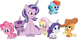Size: 2529x1295 | Tagged: safe, artist:prixy05, character:applejack, character:fluttershy, character:pinkie pie, character:rainbow dash, character:rarity, character:starlight glimmer, character:twilight sparkle, character:twilight sparkle (alicorn), species:alicorn, species:earth pony, species:pegasus, species:pony, species:unicorn, g4, g5, my little pony: tell your tale, age regression, apple family member, babity, baby, baby dash, baby pie, baby pony, babyjack, babylight sparkle, babyshy, blep, coat markings, colored eyebrows, colored hooves, colored wings, cute, dashabetes, diapinkes, digital art, eyebrows, female, filly, filly applejack, filly fluttershy, filly pinkie pie, filly rainbow dash, filly rarity, filly twilight sparkle, flying, foal, frown, g4 to g5, generation leap, glimmerbetes, hooves, jackabetes, looking up, mane six, mare, multicolored wings, raribetes, scrunchy face, shyabetes, simple background, sitting, smiling, socks (coat marking), spread wings, tongue out, transparent background, twiabetes, two toned wings, unshorn fetlocks, vector, wings, young, younger