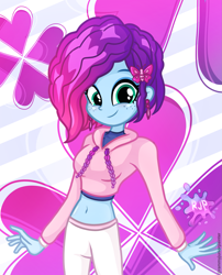Size: 2015x2490 | Tagged: safe, artist:rjp.rammy, character:misty brightdawn, species:eqg human, species:human, species:unicorn, g4, g5, my little pony: make your mark, alternate hairstyle, belly button, blue eyeshadow, clothing, cutie mark accessory, cutie mark hair accessory, ear piercing, earring, equestria girls-ified, eyeshadow, freckles, hair accessory, hoodie, humanized, jewelry, makeup, midriff, pants, piercing, rebirth misty, solo, species swap