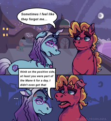 Size: 2305x2518 | Tagged: safe, artist:dragao_tecnologia, derpibooru original, character:comet, character:sprout, species:auroricorn, species:earth pony, species:pony, g5, my little pony: tell your tale, 2 panel comic, alternate hairstyle, city, comic, dialogue, glasses, male, maretime bay, meta, profile, speech bubble, stallion, text, three quarter view
