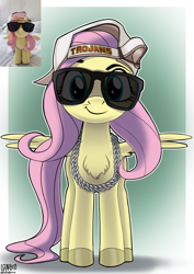 Size: 2480x3508 | Tagged: safe, alternate version, artist:ostarbito, derpibooru original, character:fluttershy, species:pegasus, species:pony, g4, backwards ballcap, baseball cap, bondage, cap, caption, chains, chest fluff, clothing, colored hooves, cute, female, green background, green eyes, hat, hooves, image macro, long tail, looking at you, mare, meme, photo, pink mane, reference, shyabetes, signature, simple background, smug, solo, speech bubble, spread wings, standing, sunglasses, tail, text, thug, thug life, university of southern california, unshorn fetlocks, wings, yellow coat